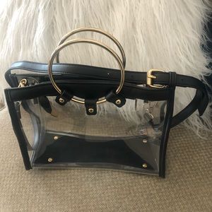 AYO Classic Clear & Black Tote Purse Ring Handles W/ Cross body Strap.
